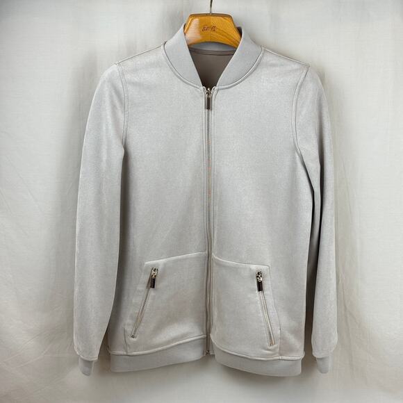 Joy Mangano CleanBoss Faux Suede Reversible Bomber Jacket Taupe and Tan Sz Small - Picture 1 of 11
